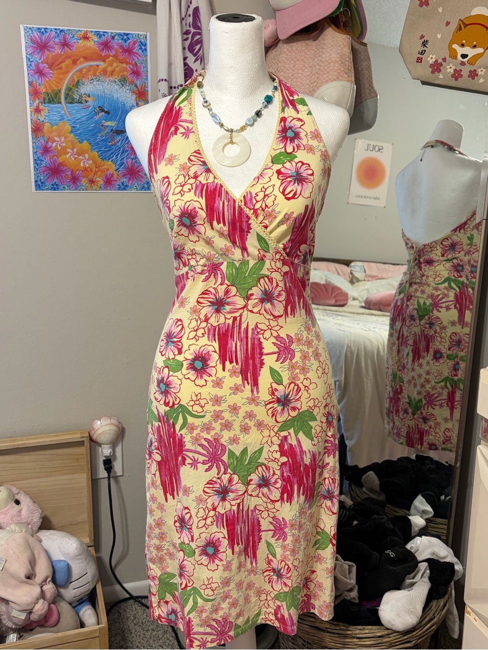 Angie Floral Halter Midi Dress in Cream, Pink & Green